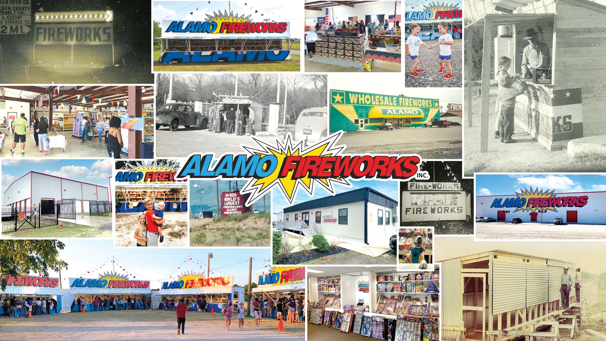 Alamo Fireworks through the decades: early roadside stands and hand-painted signs, the vintage wholesale store, family photos, seasonal stands and today's megastores across Texas